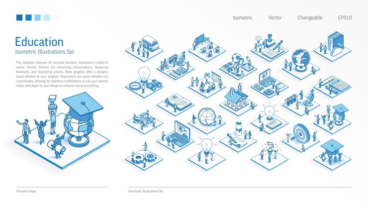 Education graduation business Isometric illustration set Busy people teamwork 3d scenes Men women student work team Vector Infographic School knowledge elearn icon concept