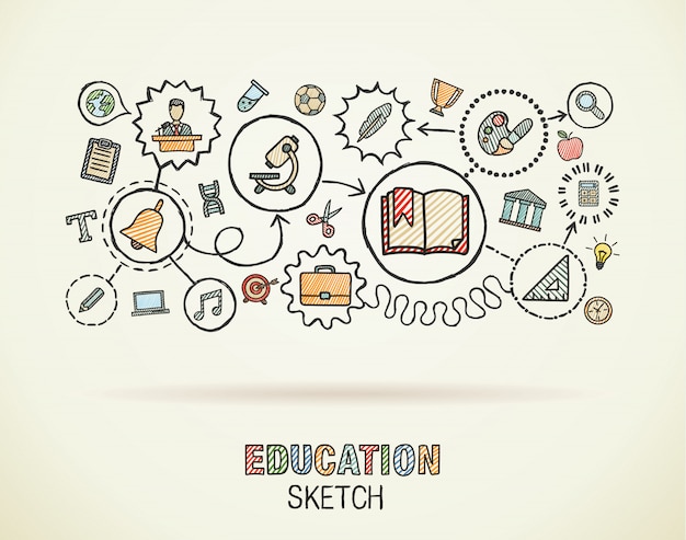 Education hand draw integrated icons set on paper. colorful  sketch infographic circle illustration. connected doodle pictograms, social, elearn, learning, media, knowledge interactive concepts