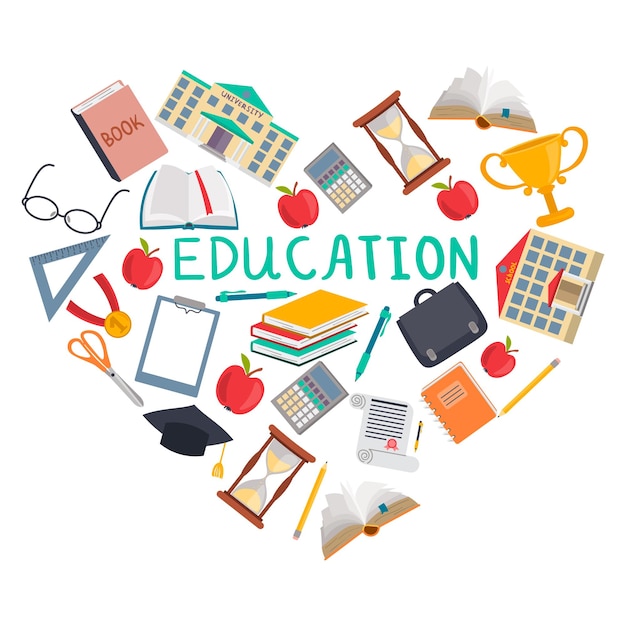 Vector education heart banner with stationery, books, buildings icons. love education concept.