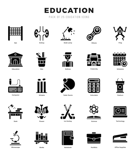 Vector education icons pack glyph icons set education collection set