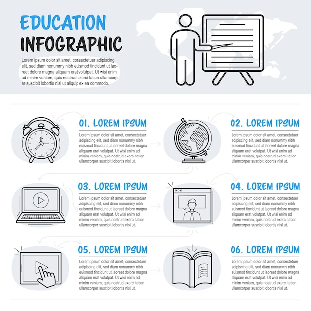 Set infografico educativo con simboli di schizzo di studio scolastico sei passaggi con descrizione vettore