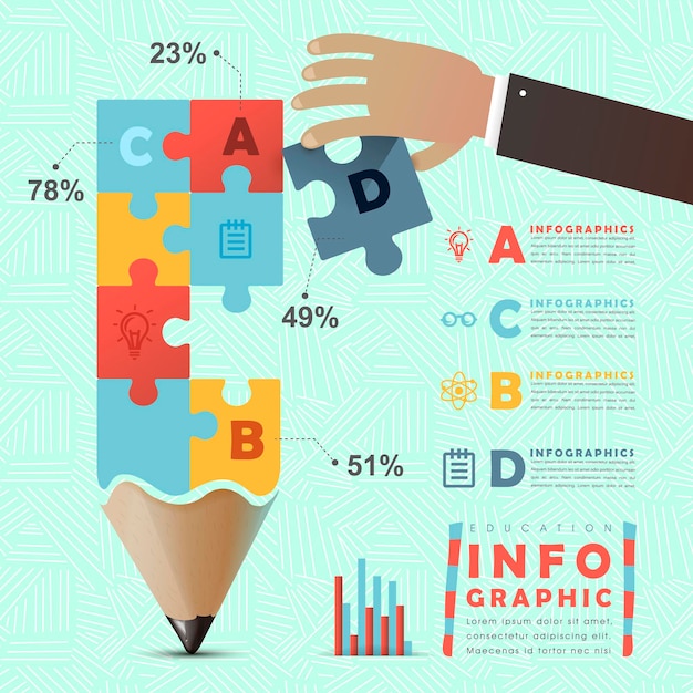 Education infographic with colorful puzzle pencil elements