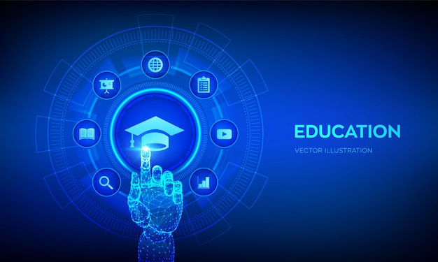 Education. Innovative online e-learning and internet technology concept on virtual screen. Robotic hand touching digital interface.