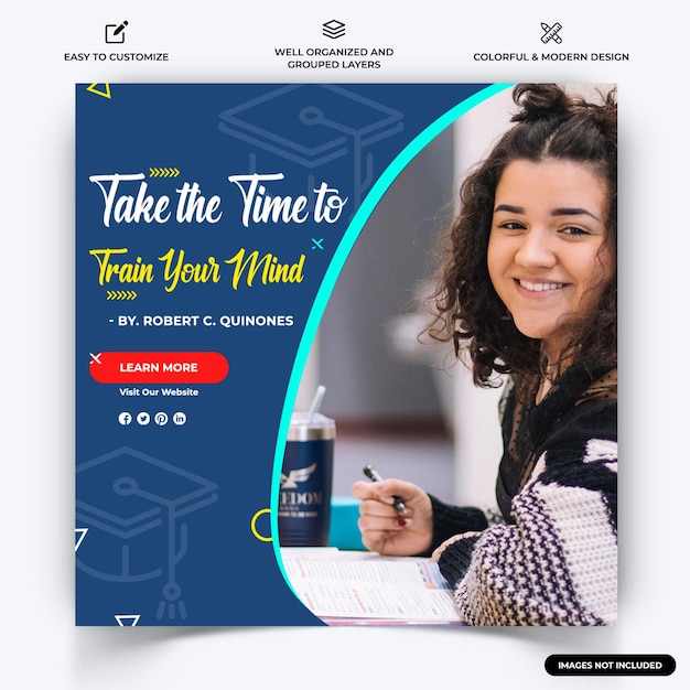 교육 Instagram 소셜 미디어 게시물 웹 배너 템플릿 벡터 프리미엄