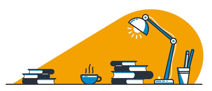 Vector education or intellectual work concept work desk with books vector flat illustration isolated, study or job, freelance worker workspace, comfortable workplace.