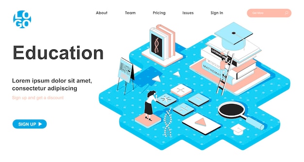 ベクトル ランディングページの3dデザインにおける教育アイソメトリックコンセプト