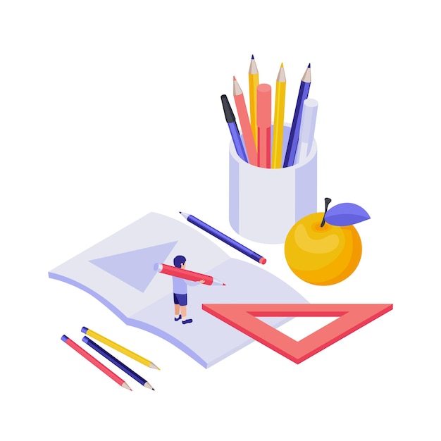 Vector education isometric concept with 3d pupil and stationery