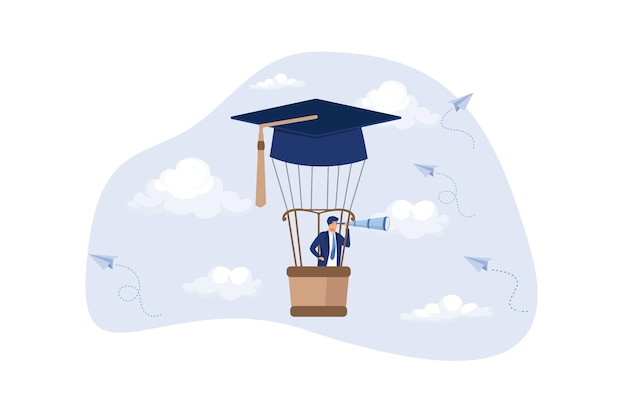 Education or knowledge to growth career path businessman fly graduation mortar hat balloon vector