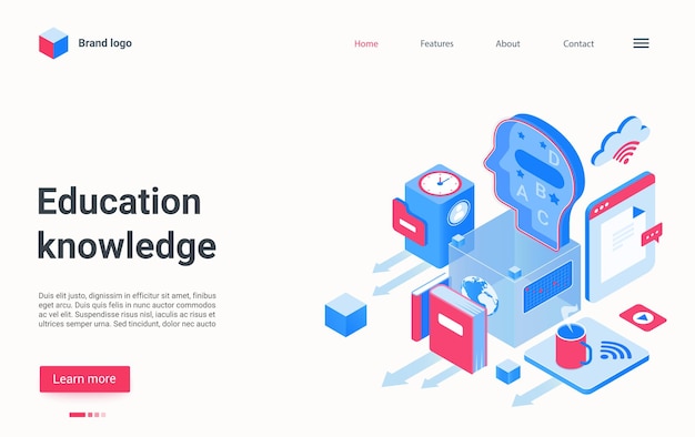 Образовательные технологии знаний изометрические целевая страница абстрактная человеческая голова с алфавитом