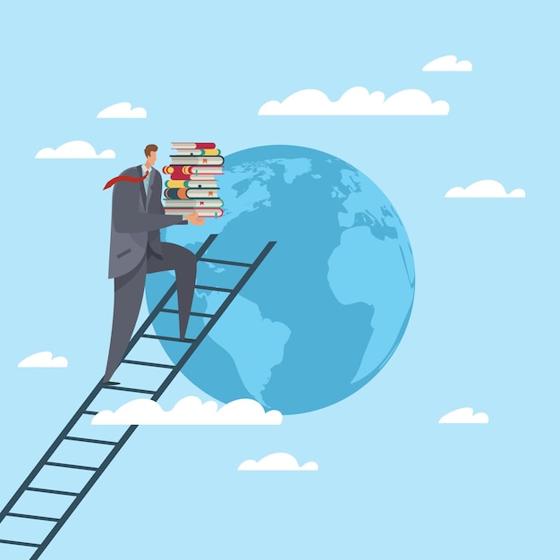 Образование и знания путь к вершине мира Самообразование личностный рост Успешный бизнесмен на лестнице с книгами Векторная изолированная бизнес-концепция