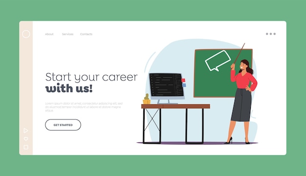 Education Landing Page Template Foreign Language Teacher Stand at Blackboard Explain Rules to Students in Classroom