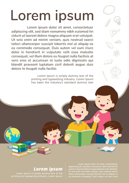 Education and learning, family and children reading a book. text template.