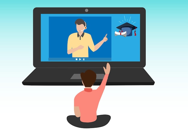 Concetto di vettore di istruzione e apprendimento gli studenti maschi stanno consultando un tutor online illustrazione di cartoni animati in stile piatto vectorxdxa