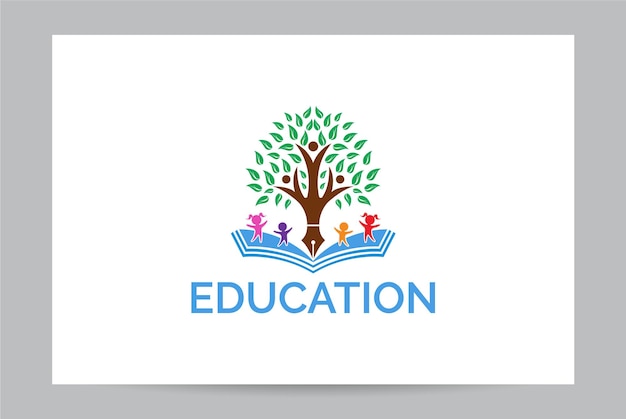 Vector education logo designs featuring children books tree and a fountain peninspired design