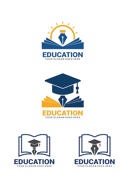 Education logo with Book pen sun graduation cap design vector template