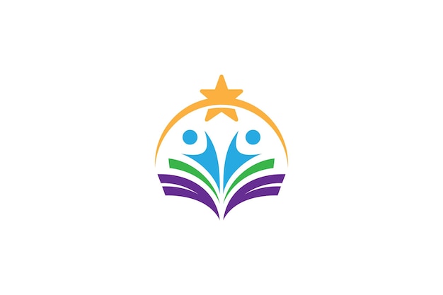 Education logo with symbols of books people and stars in colorful flat design style