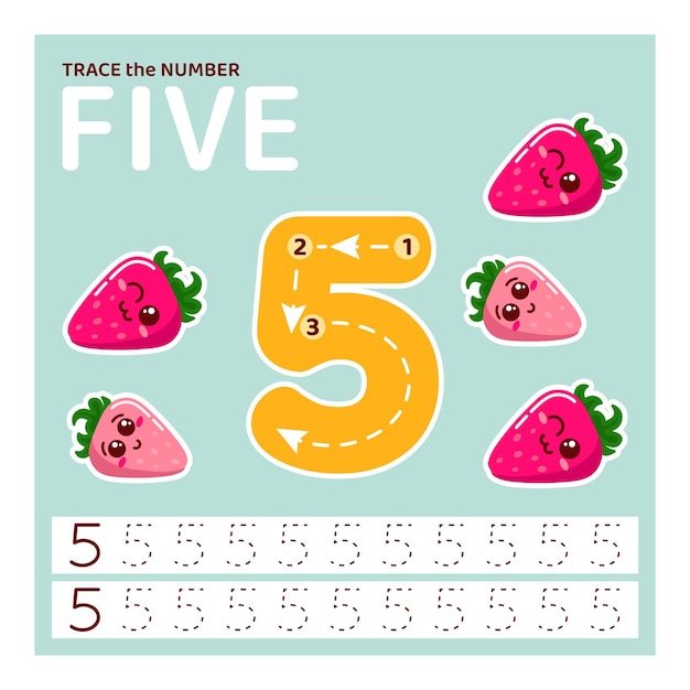 Education material with number five Tracing number for kids Learning to count and write