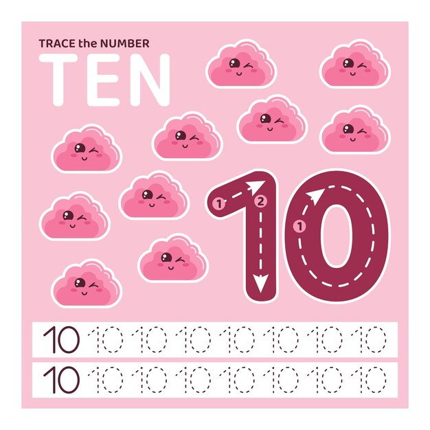 Vector education material with number ten tracing number for kids learning to count and write