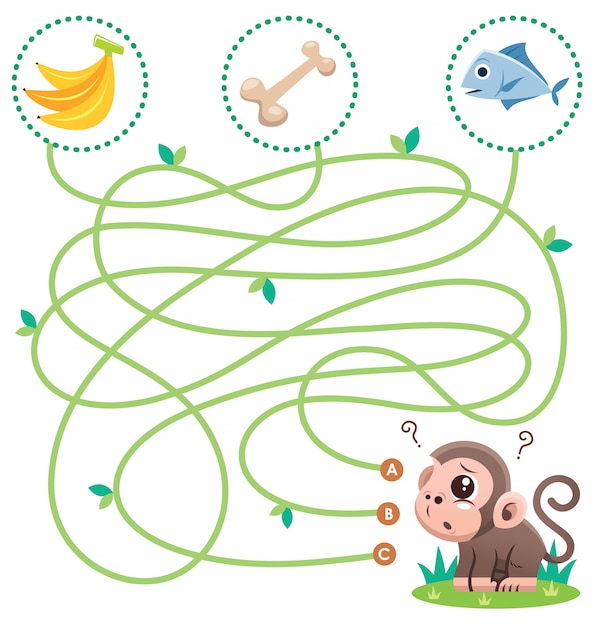Education Maze Game Monkey with food. Game for kids