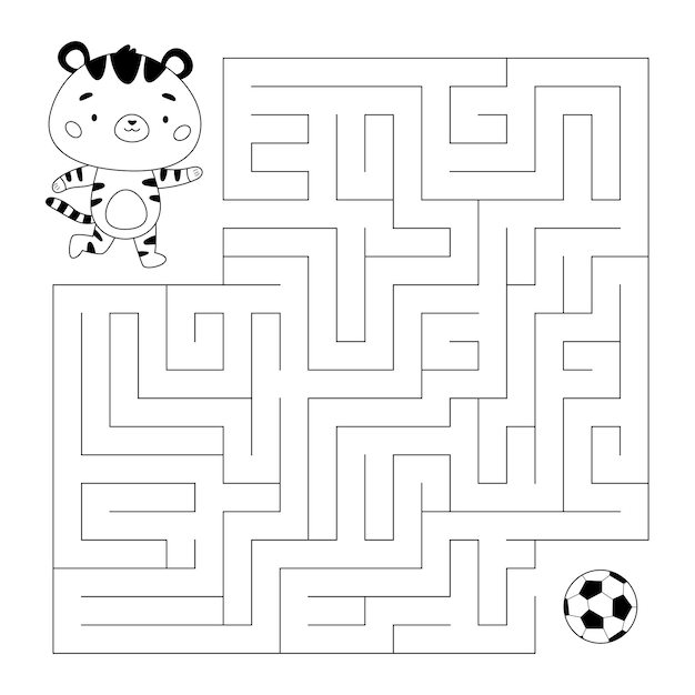 Education maze or labyrinth game with tiger playing soccer