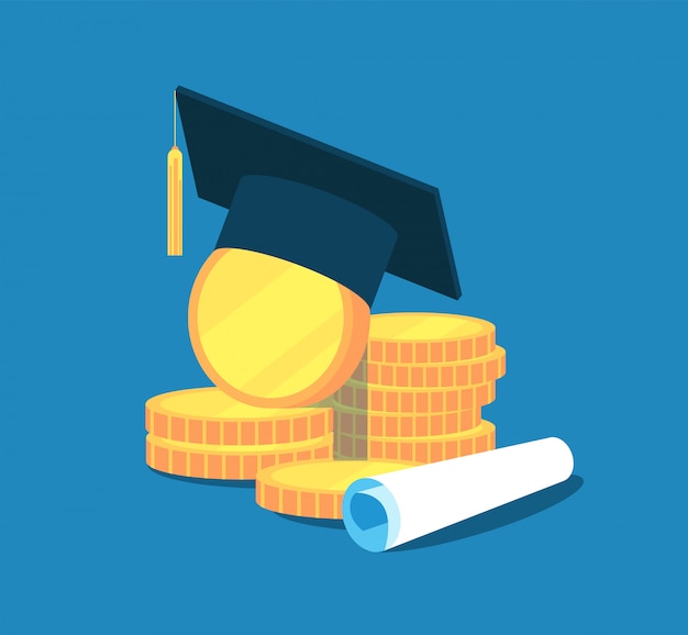 Education money. College tuition graduation, scholarship education investment. Gold coins, academic cap diploma. concept