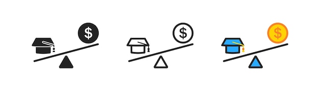 Education or money on scales outline icon Concept of choice between college and money Coin dollar hat signs Success of life symbol Flat design