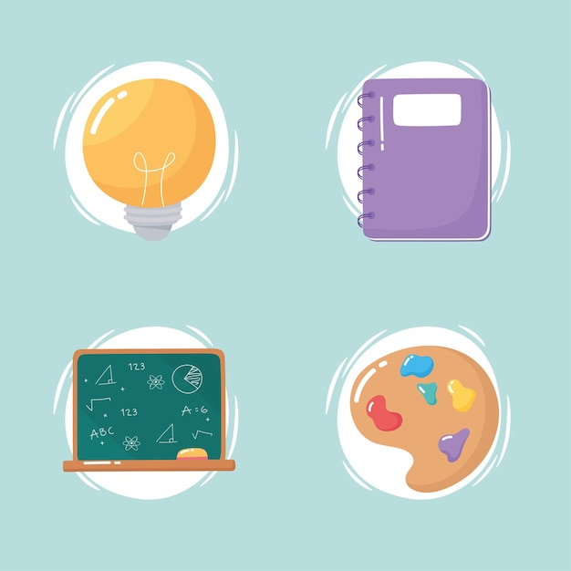 Education notebook chalkboard palette color school elementary cartoon icons illustration