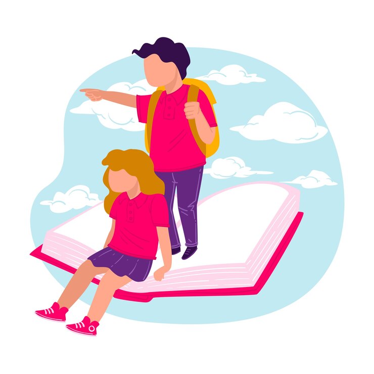 Vector education and obtaining knowledge from books, studying and developing skills. boy and girl standing on book pointing in front, opportunities and possibilities for children. vector in flat style