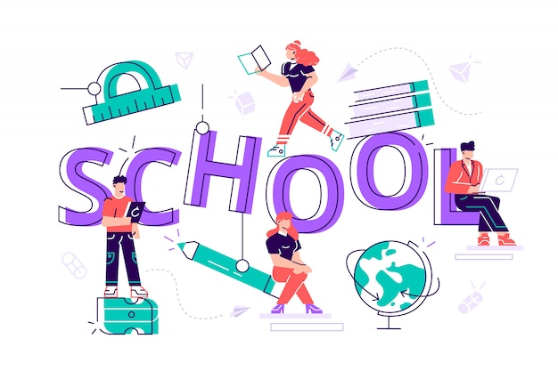 Education oncept with tiny male and female characters with school stationery, college or university students back to school knowledge poster banner flyer brochure. cartoon flat  illustration