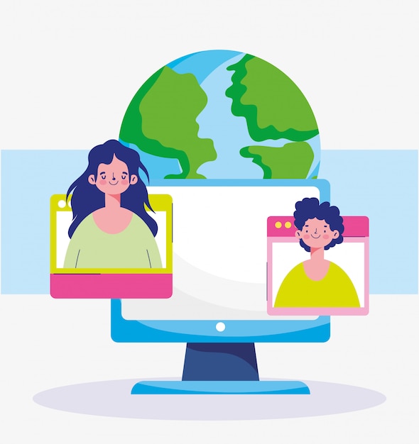 Обучение онлайн, компьютерные люди, ученики мира учатся виртуально