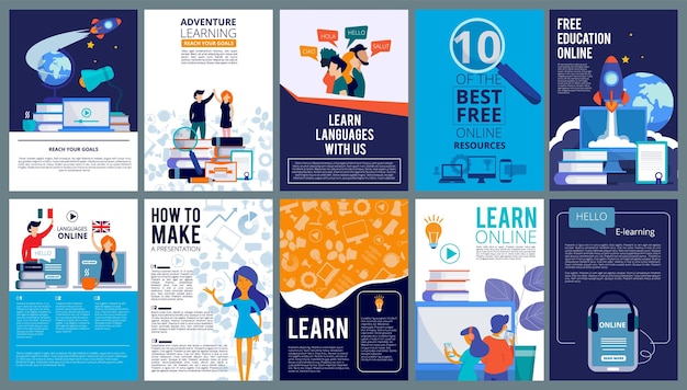 Education online covers Posters or ads flyer template with educational concept teachers fro internet training courses vector design Language course poster ad eleaning resourse illustration