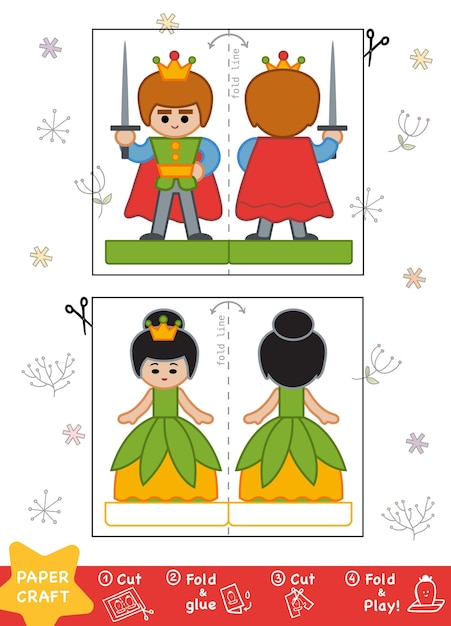 Istruzione paper crafts per bambini, principe e principessa. usa forbici e colla per creare l'immagine.