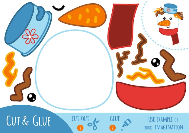 어린이를 위한 교육용 종이 게임, 눈사람. 가위와 풀을 사용하여 이미지를 만듭니다.