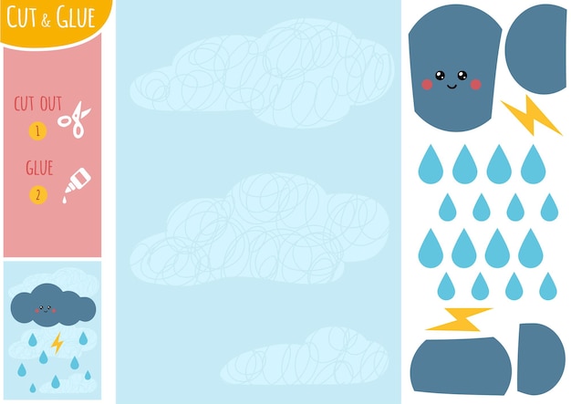 하늘에 번개와 빗방울이 있는 어린이를 위한 교육용 종이 게임 Thundercloud