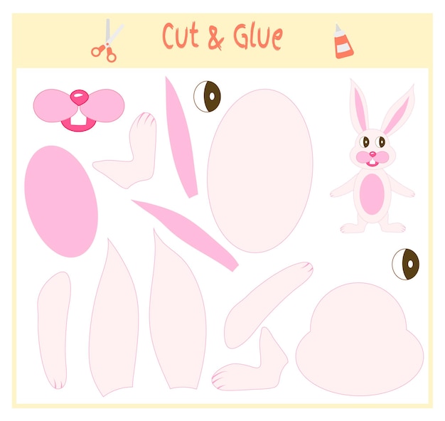 Education paper game for the development of preschool children. cut parts of the image and glue on the paper. vector illustration. use scissors and glue to create the applique. hare animal.