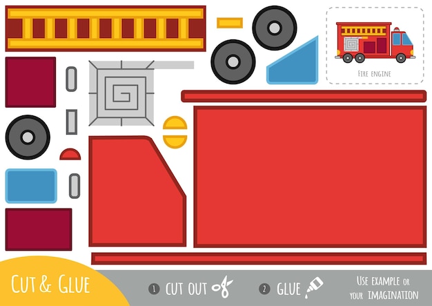 Вектор Развивающая бумажная игра для детей пожарная машина используйте ножницы и клей, чтобы создать изображение