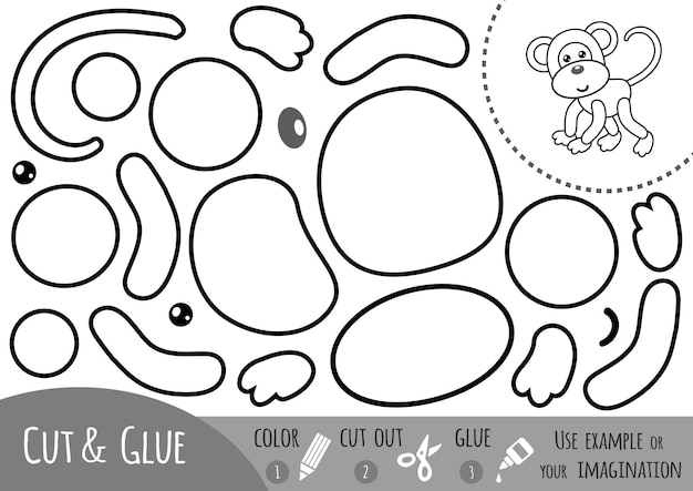 Вектор Обучающая бумажная игра для детей, обезьяна. используйте ножницы и клей для создания изображения.
