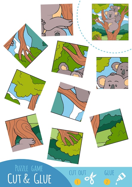 Education puzzle game for children, koala. use scissors and glue to create the image.