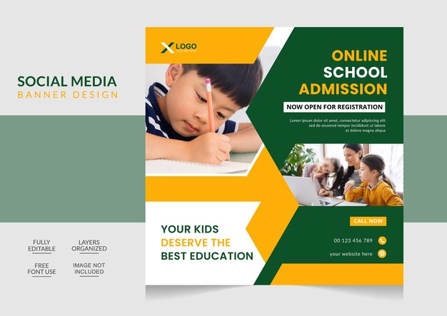 Education school admission social media post and web banner design template