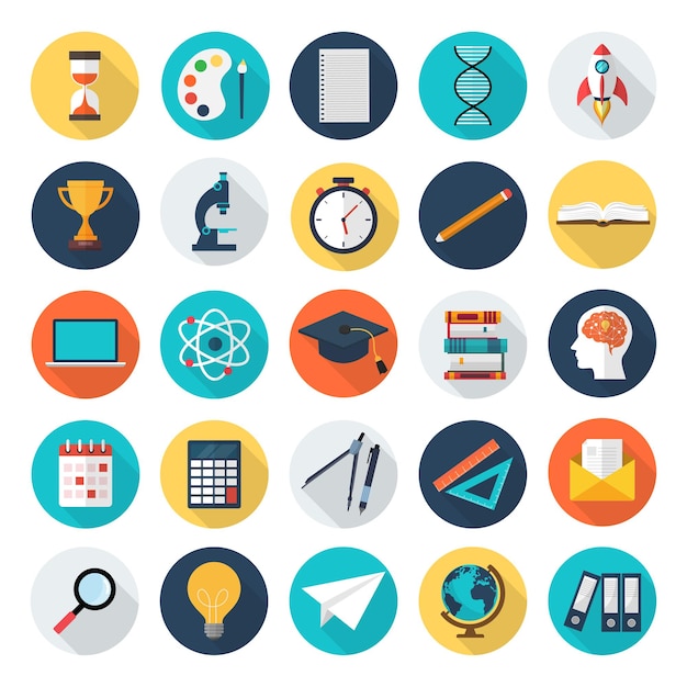 Education and school flat icons in color cycle set. elearning and science with sign collection.