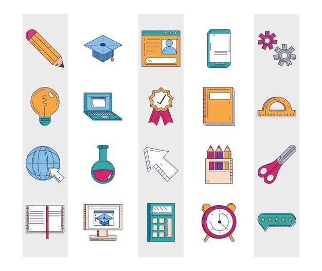 Education school supplies stationery icons