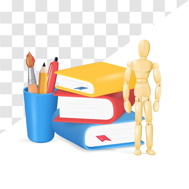 Education school vector icon set with books pens wooden stickman learning collection of 3d icons