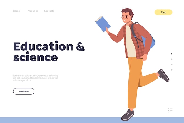 Education and science landing page with happy young male student rushing to get knowledge