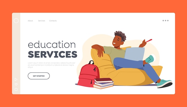 Education Services Landing Page Template Relaxed Student Male Character Sitting With Laptop And Books