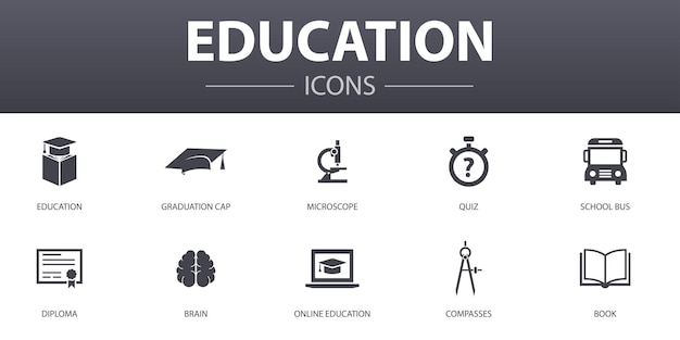 Набор иконок простой концепции образования. содержит такие значки, как градация, микроскоп, викторина, школьный автобус и многое другое, может использоваться для интернета, логотипа, ui / ux