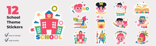 Education stickers concept with character situations set Collection of scenes people