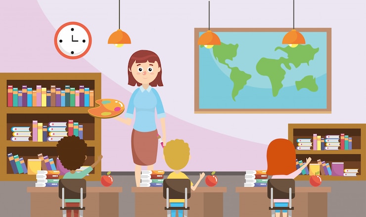 Vector education teacher with students and bookcase in the classroom