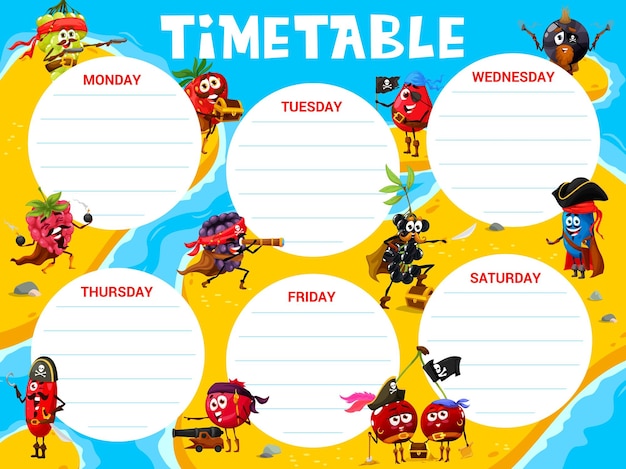 Vector education timetable schedule with berry pirates