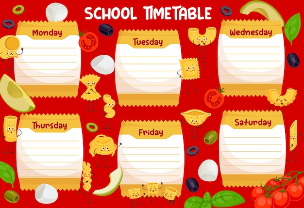 Education timetable with italian pasta characters