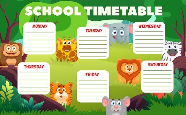 사각형 동물이 있는 교육 시간표는 벡터 학교 계획자에 있는 만화 동물원 캐릭터에 직면합니다. 수업 시간표 또는 주 수업 일정에 원숭이와 기린이 있는 코끼리와 호랑이가 있는 사자 얼룩말